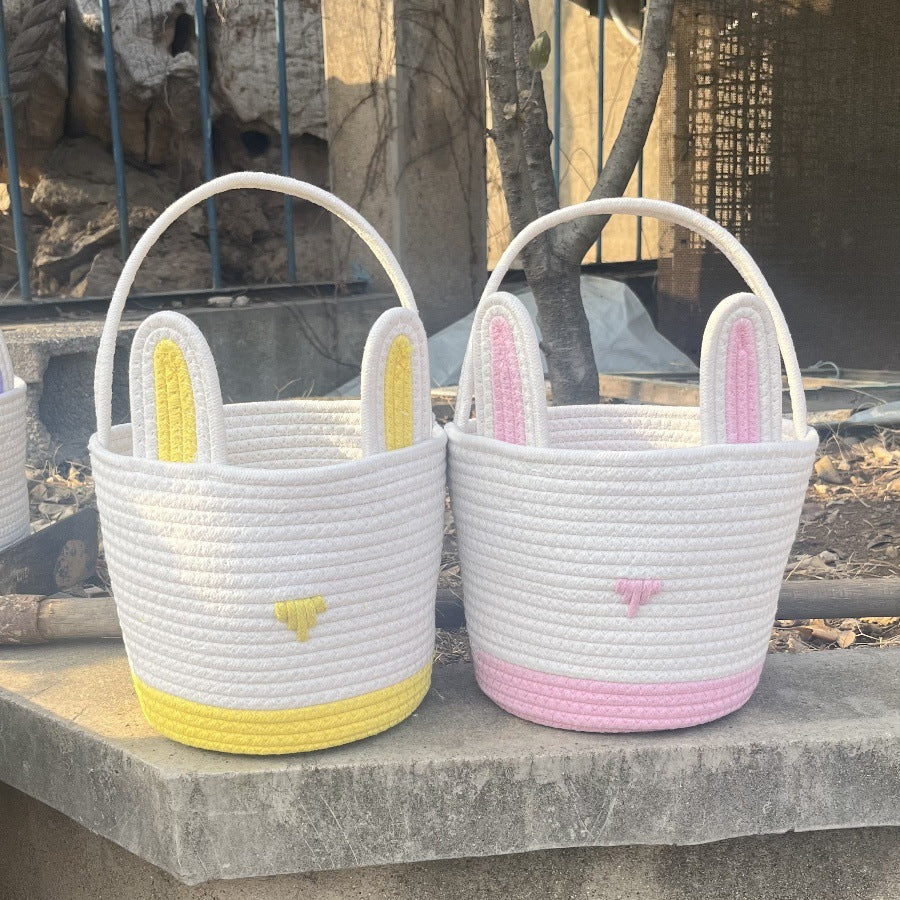 Blue And White Stitching Charming Easter Egg Tote Basket - Cute Rabbit-Themed Handwoven Cotton Rope Candy Holder