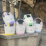Grey And White Stitching Charming Easter Egg Tote Basket - Cute Rabbit-Themed Handwoven Cotton Rope Candy Holder - Front View