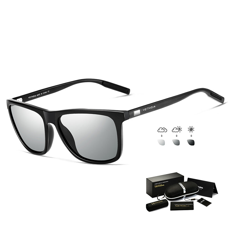 Black Frame + Black Temples + Photochromic Gray Lenses Unisex Aluminum-Magnesium Square Polarized Sunglasses - Stylish UV-Protective Driving Glasses
