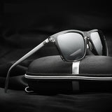 Black Frame + Silver Temples + Gray Lenses Unisex Aluminum-Magnesium Square Polarized Sunglasses - Stylish UV-Protective Driving Glasses with Case - Front View