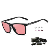 Black Frame + Black Temples + Photochromic Red Lenses Unisex Aluminum-Magnesium Square Polarized Sunglasses - Stylish UV-Protective Driving Glasses