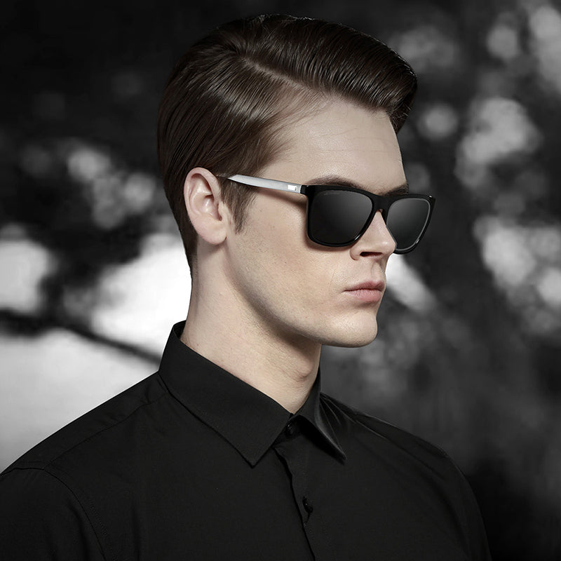 Black Frame + Black Temples + Photochromic Red Lenses Unisex Aluminum-Magnesium Square Polarized Sunglasses - Stylish UV-Protective Driving Glasses
