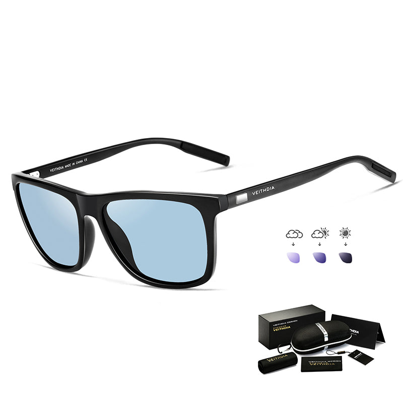 Black Frame + Black Temples + Photochromic Blue Lenses Unisex Aluminum-Magnesium Square Polarized Sunglasses - Stylish UV-Protective Driving Glasses