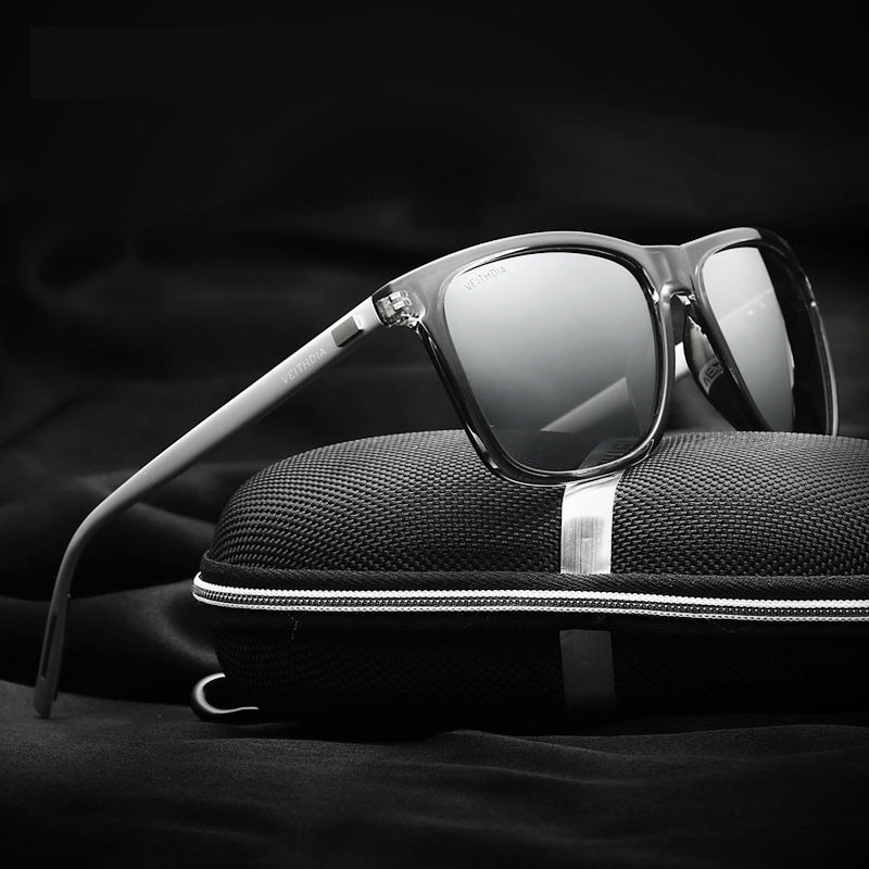 Black Frame + Black Temples + Photochromic Blue Lenses Unisex Aluminum-Magnesium Square Polarized Sunglasses - Stylish UV-Protective Driving Glasses