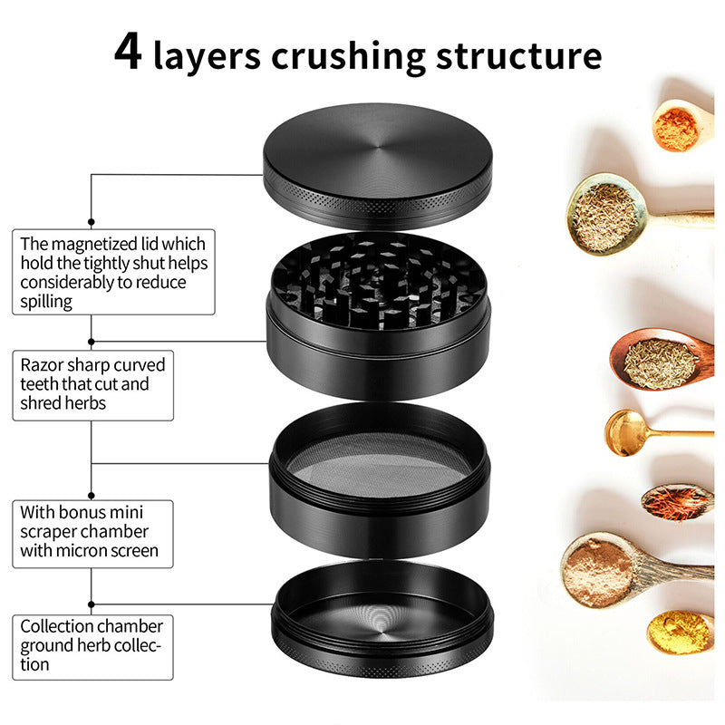Black Premium 4-Layer Zinc Alloy Herb Grinder - Magnetic Lid & Fine Grinding, 63mm, 162g