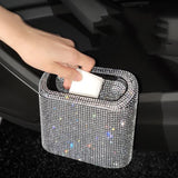 White Diamond Sparkly Rhinestone Car Trash Can - Diamond Auto Garbage Bin Organizer - Top-Down View