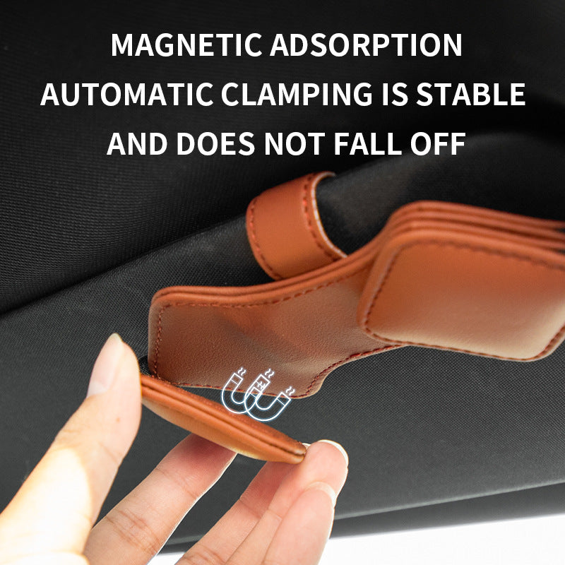 2 Pcs White Car Sun Visor Glasses Holder Clip with Dual Magnetic Clamps - PU Leather, Anti-Slip, and Multi-Functional Storage