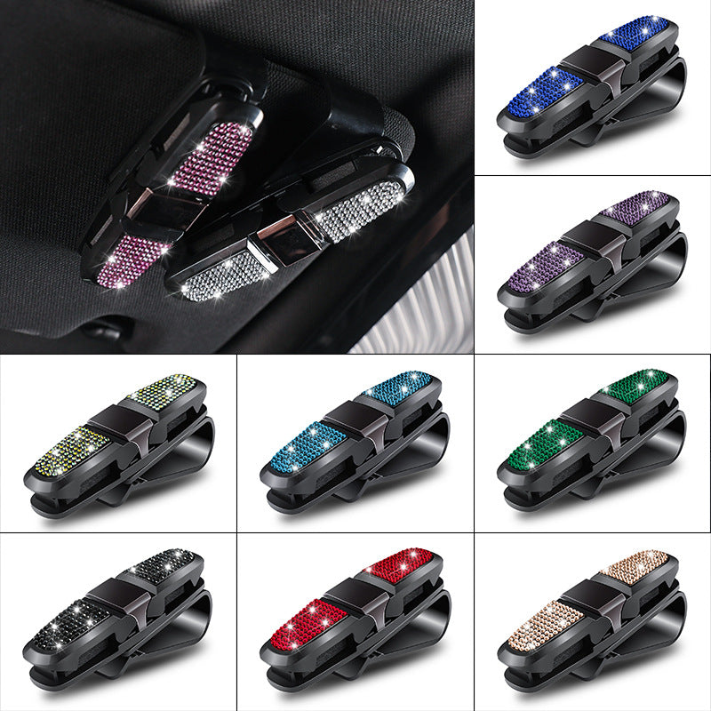 6 Pcs Blue Luxury Rhinestone Car Sun Visor Glasses Clip - Multi-Functional, 180? Rotatable, ABS Material
