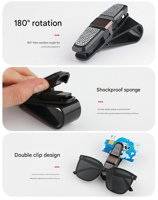 6 Pcs Blue Luxury Rhinestone Car Sun Visor Glasses Clip - Multi-Functional, 180° Rotatable, ABS Material