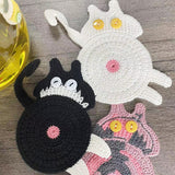 4 Pcs White Cute Cat Butt Knitted Coaster - Lightweight Crochet Drink Mat, 15x10cm - Front View
