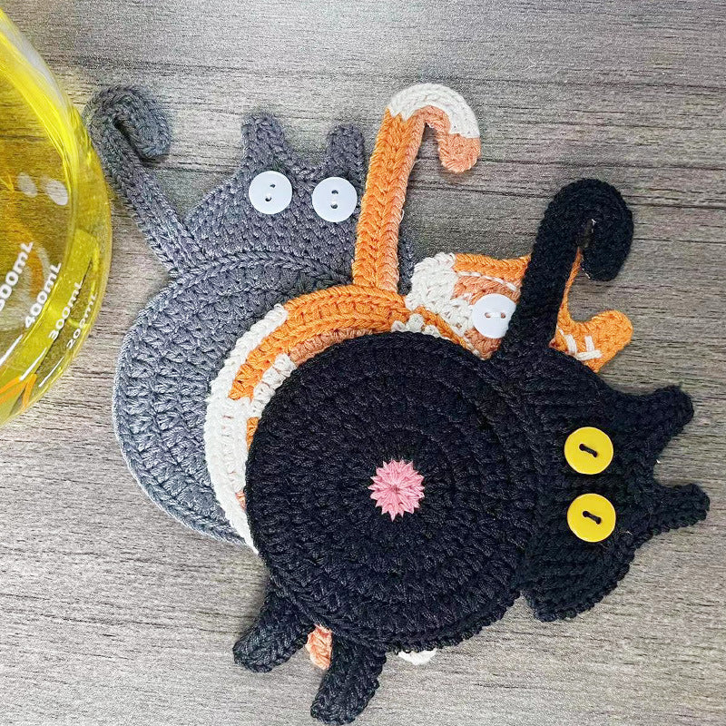 4 Pcs Grey,Brown And White Cute Cat Butt Knitted Coaster - Lightweight Crochet Drink Mat, 15x10cm