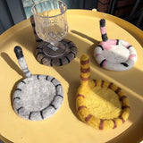 2 Pcs White Handmade Wool Felt Cat Coasters - Cute Tiger Design, Heat-Resistant Table Mats - Front View