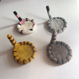 2 Pcs Yellow Handmade Wool Felt Cat Coasters - Cute Tiger Design, Heat-Resistant Table Mats - Front View