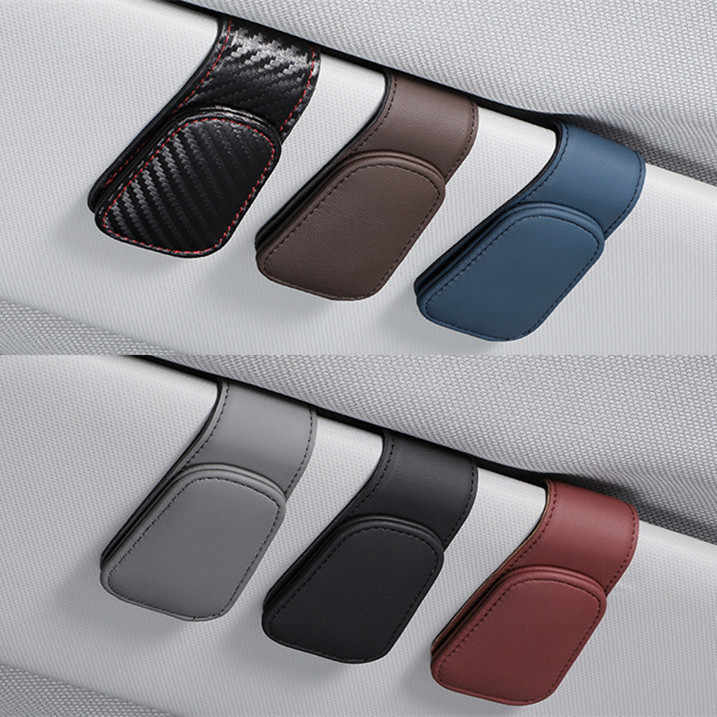 2 Pcs Black Carbon Fiber Pattern PU Leather Car Visor Sunglasses Holder - Multi-Functional Clip for Glasses, Cards & Tickets, 9.5x4.5cm