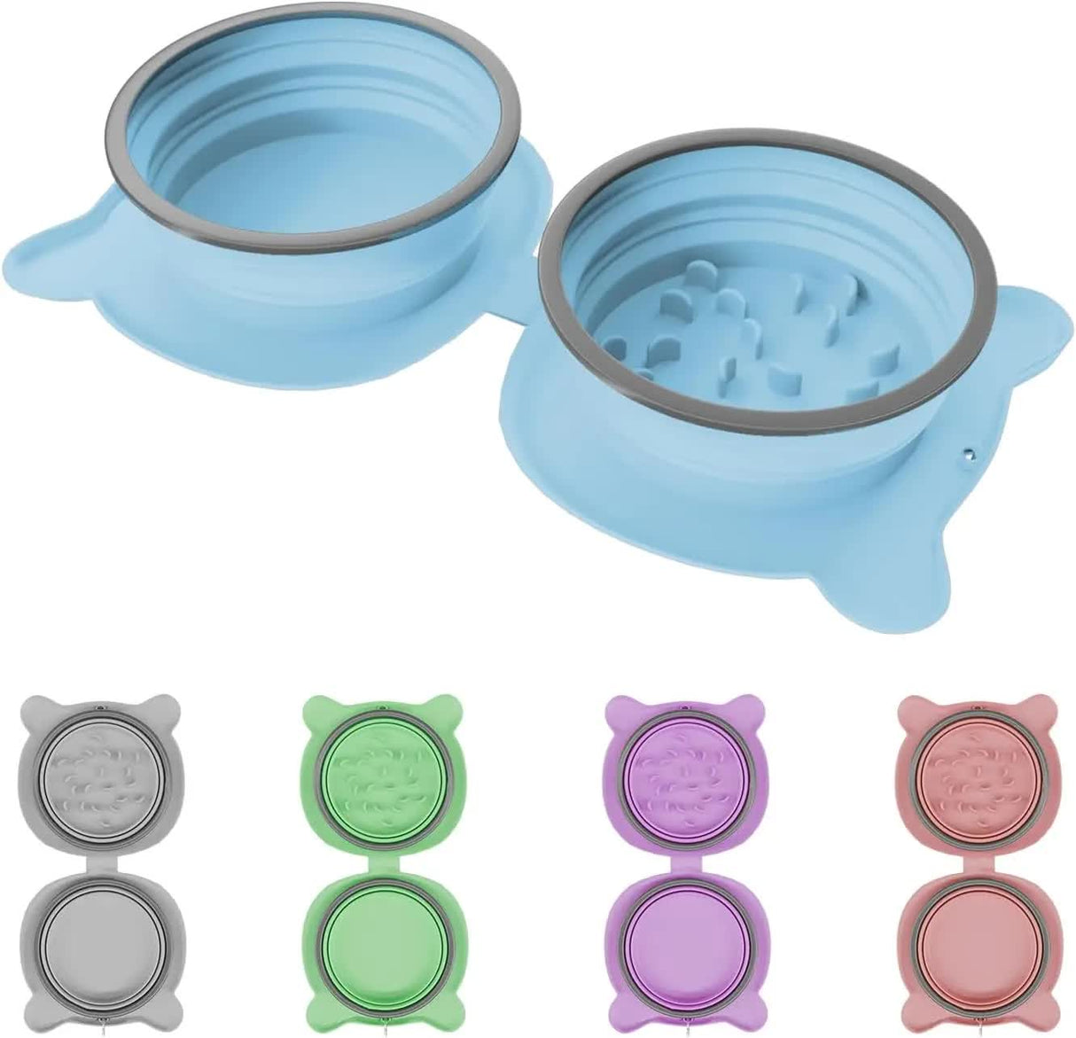 Blue Portable Collapsible Pet Bowl Set - Food-Grade Silicone Double Bowl for Dogs & Cats, Anti-Slip
