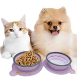 Red Portable Collapsible Pet Bowl Set - Food-Grade Silicone Double Bowl for Dogs & Cats, Anti-Slip & Easy to Clean