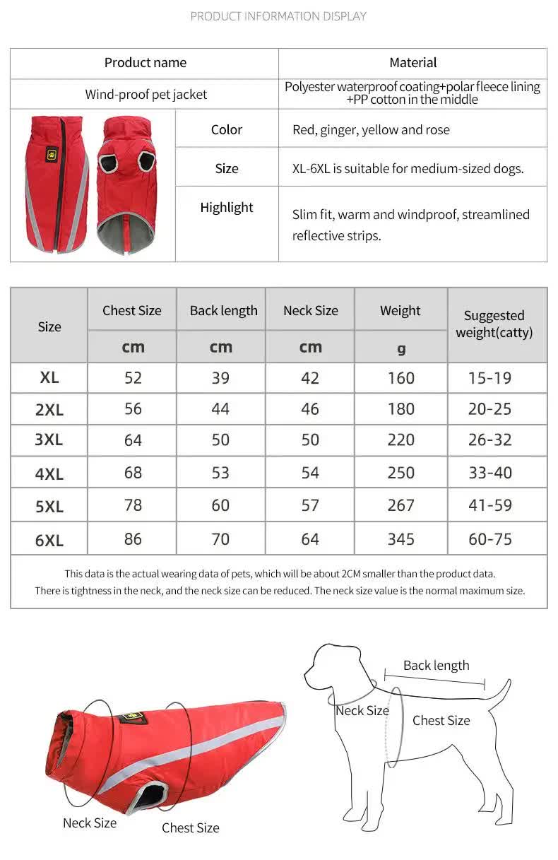 Size 3XL Pink Reflective Winter Dog Jacket - Warm & Waterproof Outdoor Coat for Large Breeds