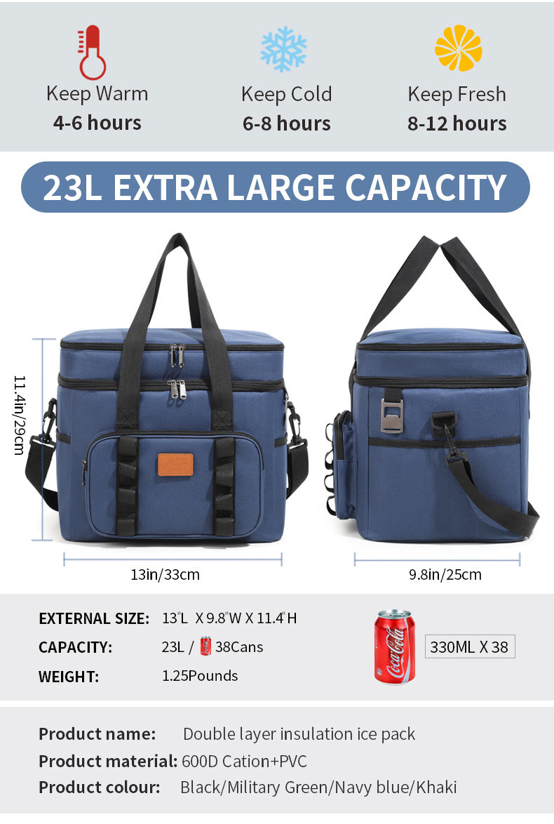 Navy Blue 23L Extra Large Insulated Cooler Bag with Double Layers - Perfect for Camping, Picnics, and Outdoor Adventures