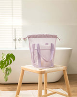Navy Blue Lightweight Mesh Drawstring Beach Bag - Portable Travel Organizer for Toiletries and Essentials - Rear View