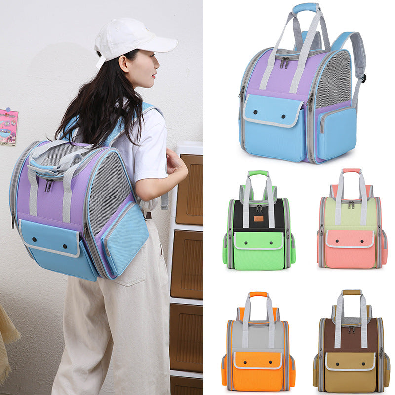 Blue And Purple Portable Pet Carrier Backpack - Spacious, Breathable, and Travel-Friendly for Cats and Small Dogs