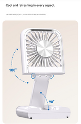 White Portable Cooling Fan with Neck Lanyard & Phone Stand - USB Rechargeable - Front View
