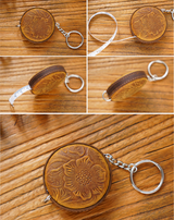 Coffee Side Band Mini Leather Tape Measure - 1.5m/60in - Round With Hook And Pattern - Front View