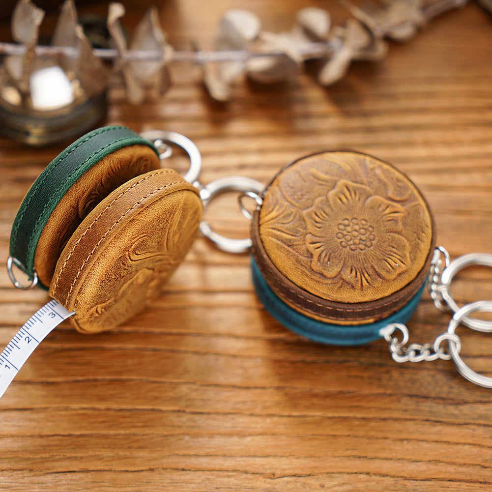 Blue Side Band Mini Leather Tape Measure - 1.5m/60in - Round With Hook And Pattern