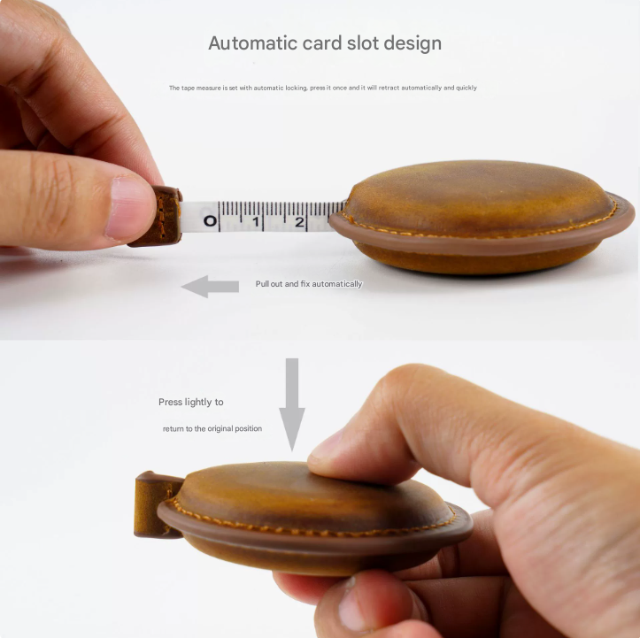 Blue Side Band Mini Leather Tape Measure - 1.5m/60in - Round With Hook And Pattern