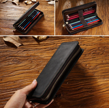 Black Genuine Leather Pencil Case - Vintage Zip-Up Pen Holder with Elastic Loops - Front View