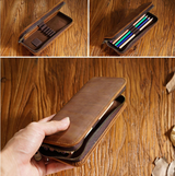 Brown Genuine Leather Pencil Case - Vintage Zip-Up Pen Holder with Elastic Loops - Front View