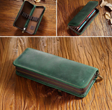 Dark Green Genuine Leather Pencil Case - Vintage Zip-Up Pen Holder with Elastic Loops - Front View