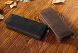 Dark Green Genuine Leather Pencil Case - Vintage Zip-Up Pen Holder with Elastic Loops - Top-Down View