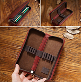 Wine Red Genuine Leather Pencil Case - Vintage Zip-Up Pen Holder with Elastic Loops - Front View