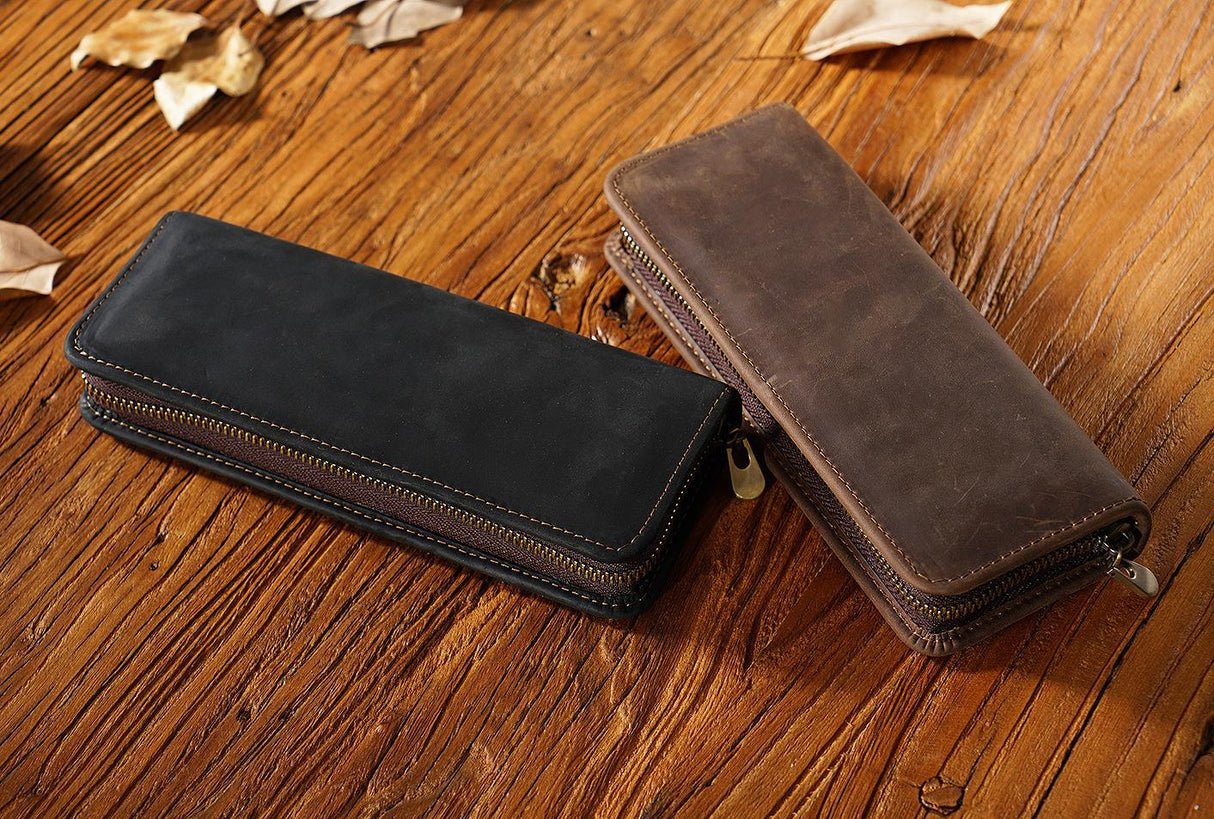 Blue Genuine Leather Pencil Case - Vintage Zip-Up Pen Holder with Elastic Loops
