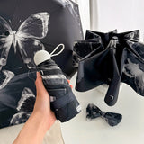 Black Butterfly Mini 5-Fold Umbrella - Portable, Anti-UV, Black Glue Coating - Front View