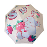 Strawberry Rabbit Mini 5-Fold Umbrella - Portable, Anti-UV, Black Glue Coating - Front View