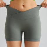 Grass Green Gray Yoga Shorts - Seamless, High Waist, Tummy Control Size L