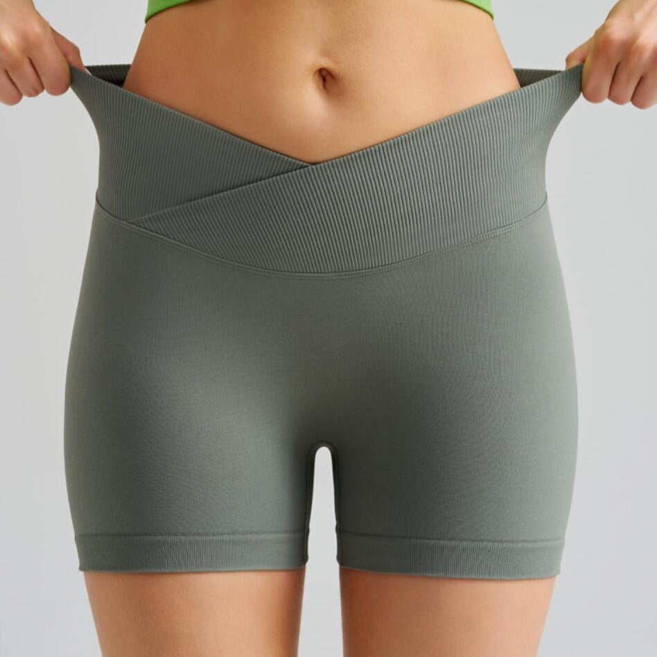 Grass Green Gray Yoga Shorts - Seamless, High Waist, Tummy Control Size M