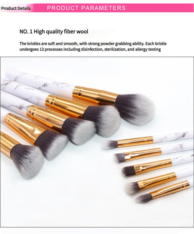 Barrel White Marble Makeup Brush Collection - 10 brushes for face, eyes and lips