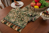 Floral Table Runner with Tassels - Jacquard Green Farmhouse Style (33x160cm)