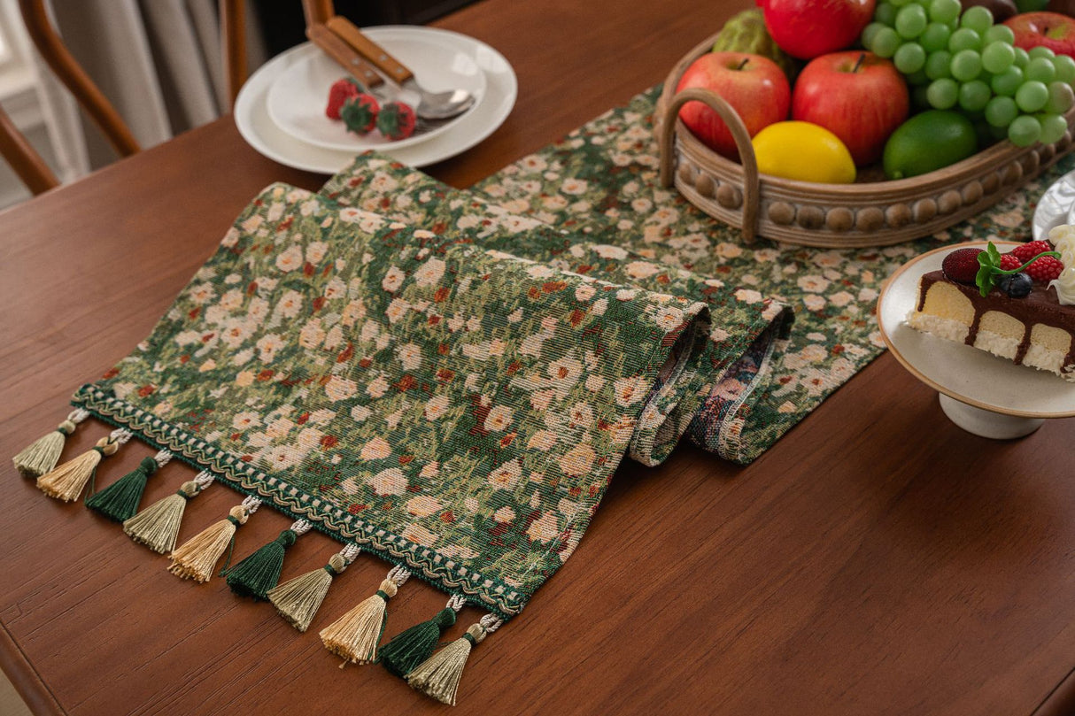 Floral Table Runner with Tassels - Jacquard Green Farmhouse Style (33x350cm)