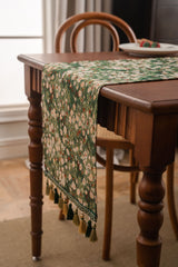 Floral Table Runner with Tassels - Jacquard Green Farmhouse Style (33x350cm)