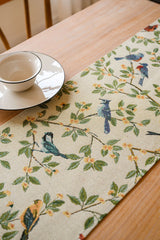 2 PCS Birds & Branch Table Runner - Jacquard Woven Beige with Tassels(33X140CM) - Top-Down View
