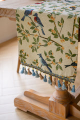 2 PCS Birds & Branch Table Runner - Jacquard Woven Beige with Tassels(33X140CM) - 45-Degree Angle