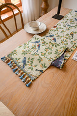 Birds & Branch Table Runner - Jacquard Woven Beige with Tassels(33X350CM) - Front View