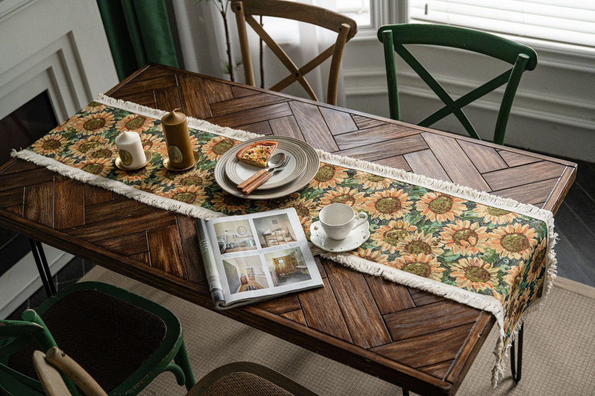 Sunflower Table Runner with Fringe - Jacquard Woven Cotton Blend (30x240cm)