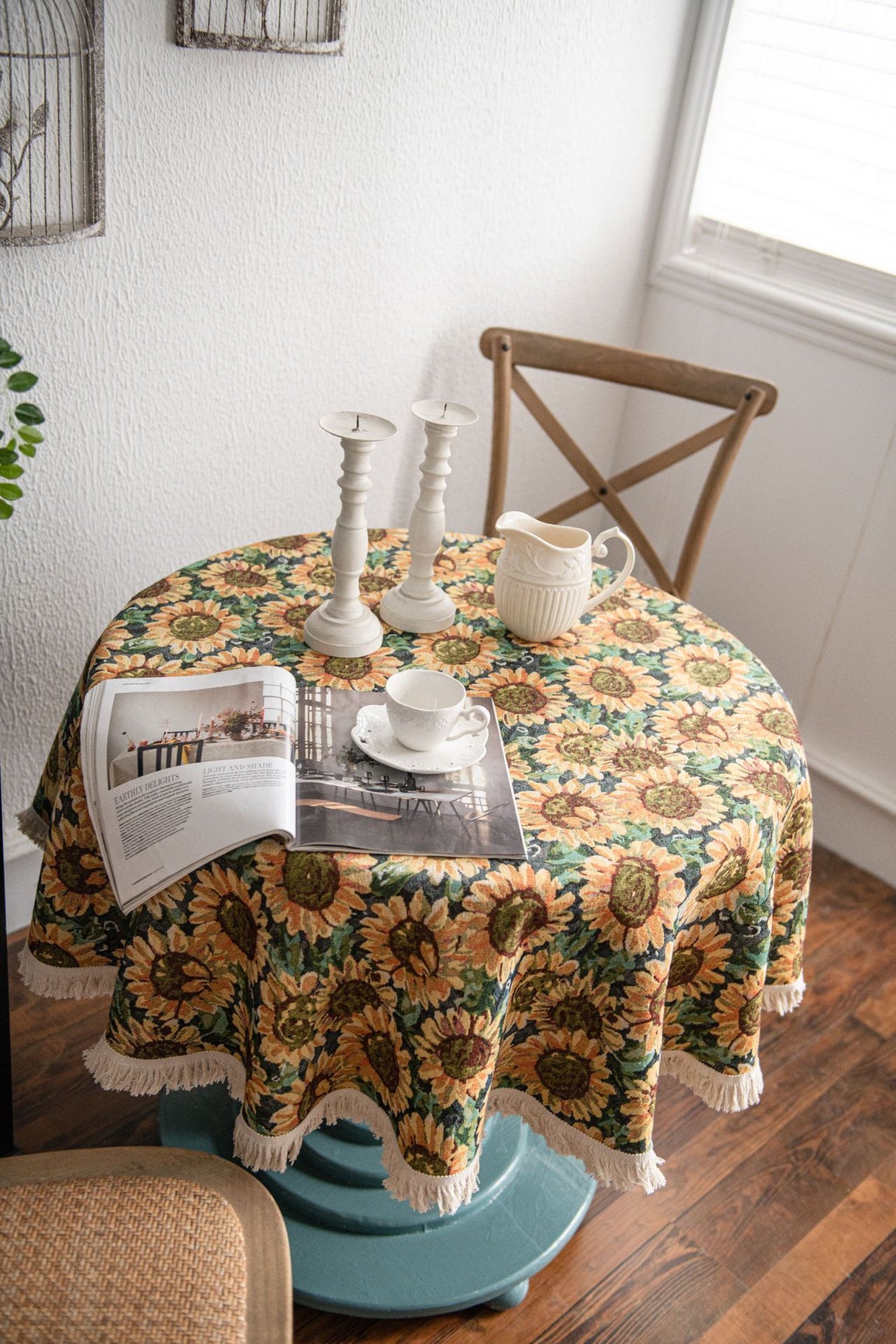 Round Sunflower Tablecloth - Jacquard Woven Cotton with Fringe Trim (150cm)