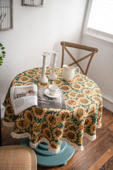 Round Sunflower Tablecloth - Jacquard Woven Cotton with Fringe Trim (150cm)