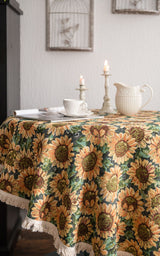 Round Sunflower Tablecloth - Jacquard Woven Cotton with Fringe Trim (150cm) - 45-Degree Angle