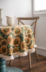 Round Sunflower Tablecloth - Jacquard Woven Cotton with Fringe Trim (120cm)